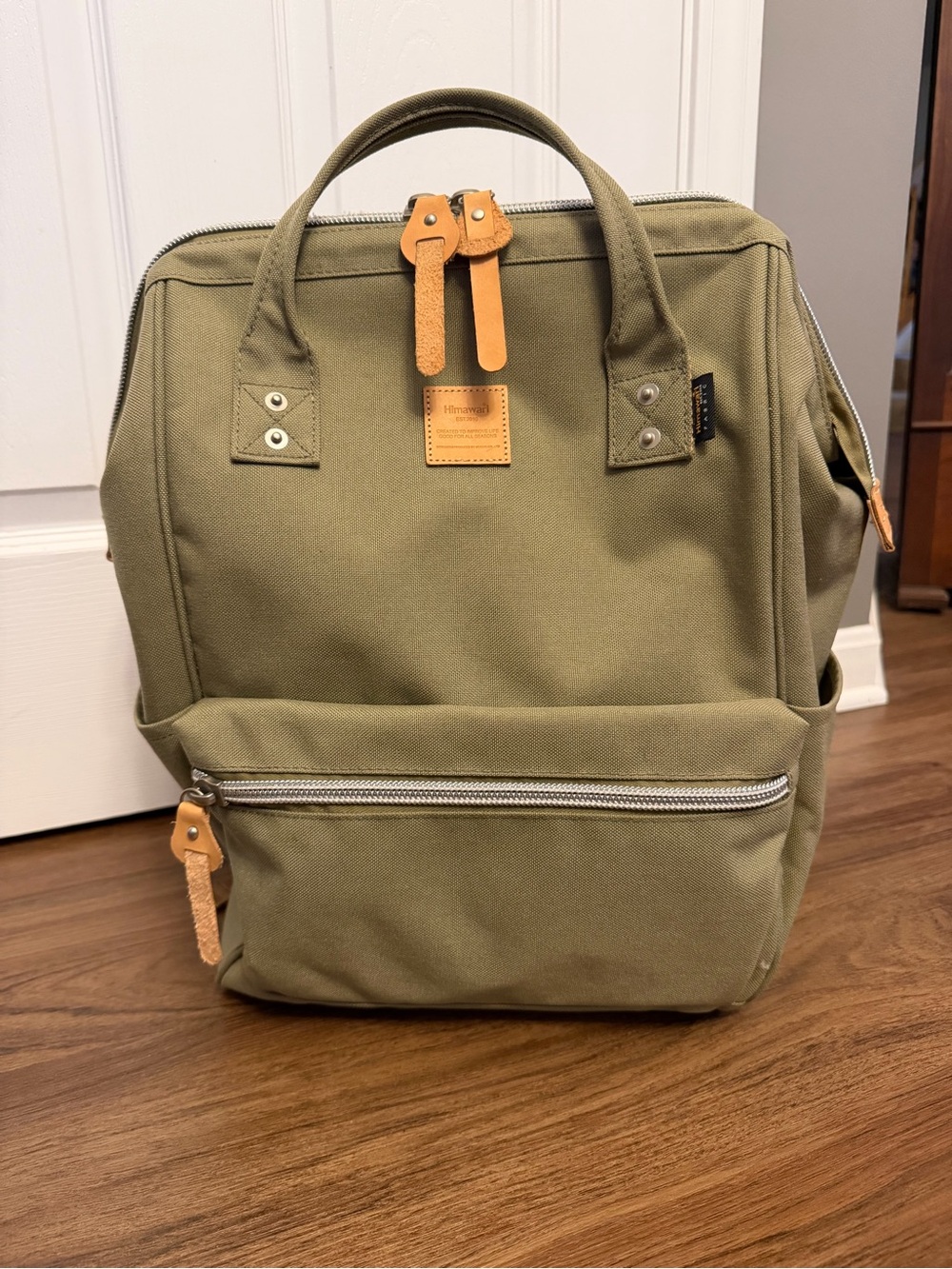 Olive Green Canvas Backpack /Diaper Bag with Tan Leather Accents